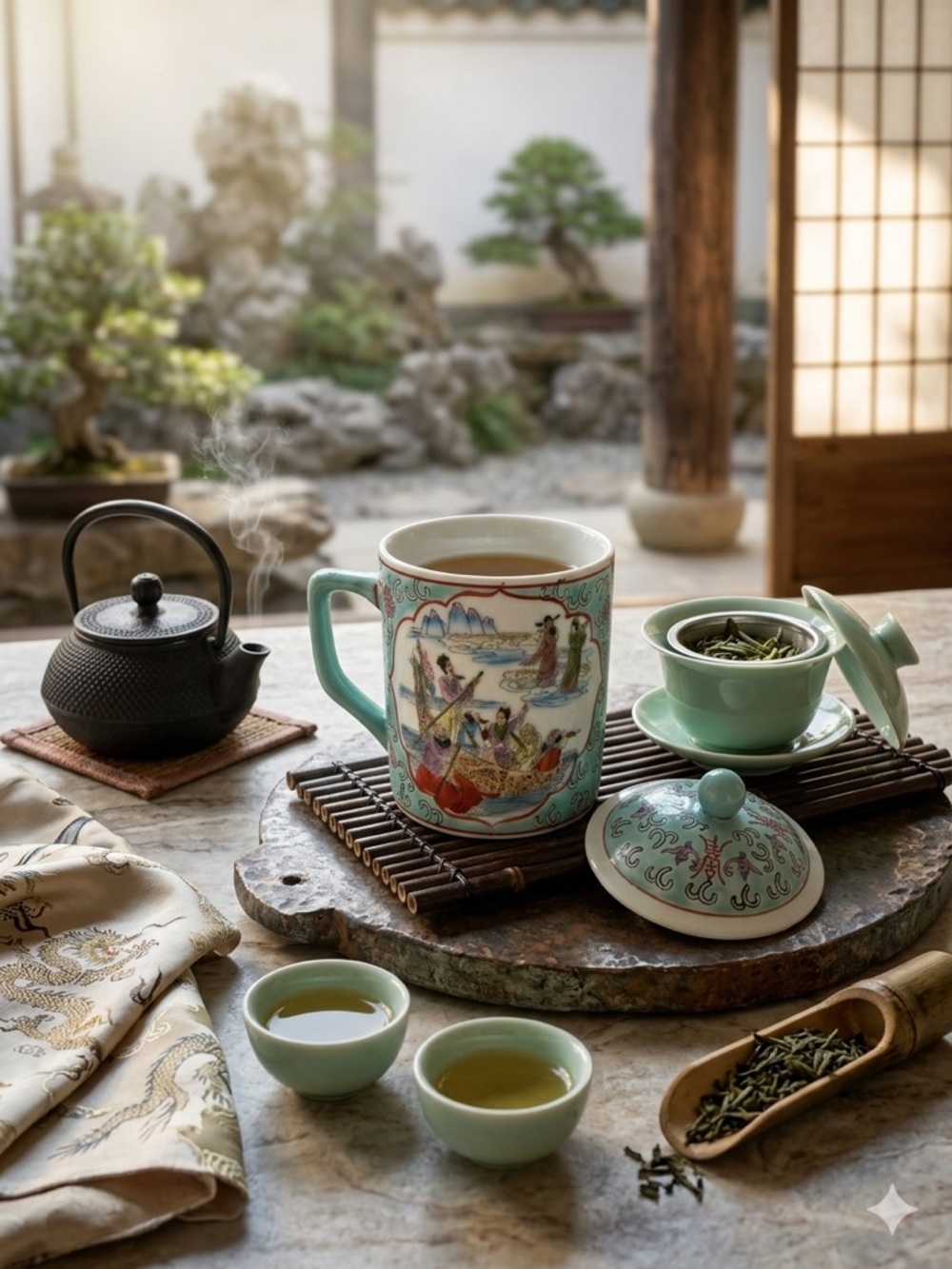 VIntage Chinese porcelain lidded mug featuring a scene of figures on a boat